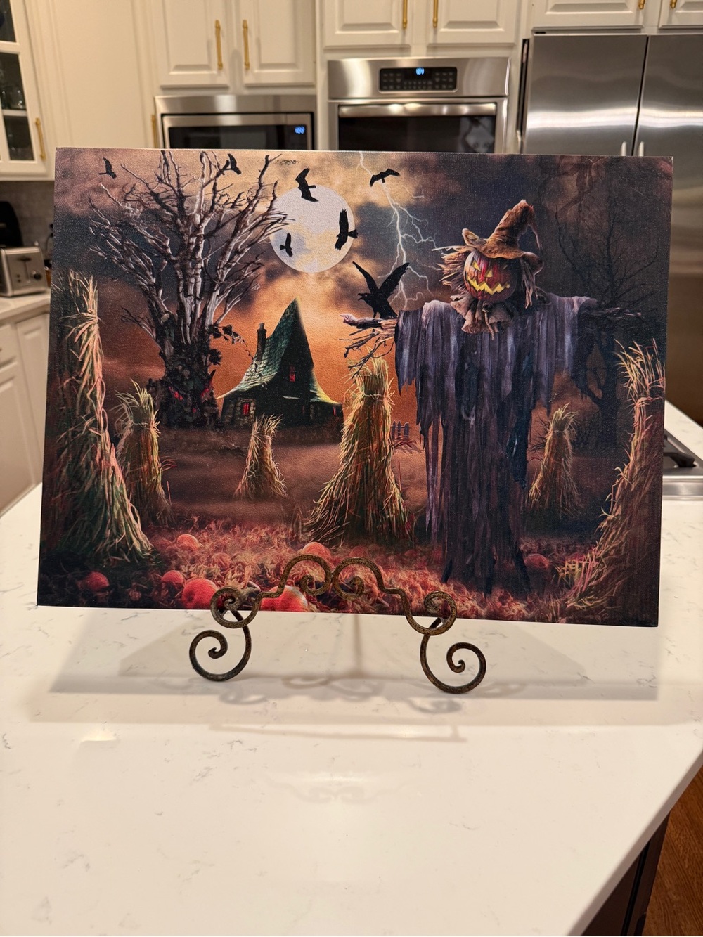 LED Halloween Scarecrow Canvas Wall Art Haunted House Light-Up Decor 20” x 15”